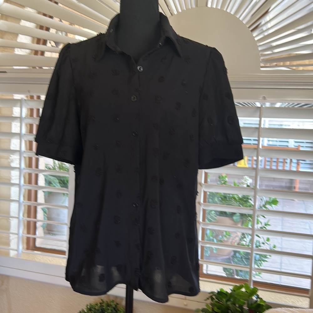 Black button down blouse with embroidered flowers throughout. Size L